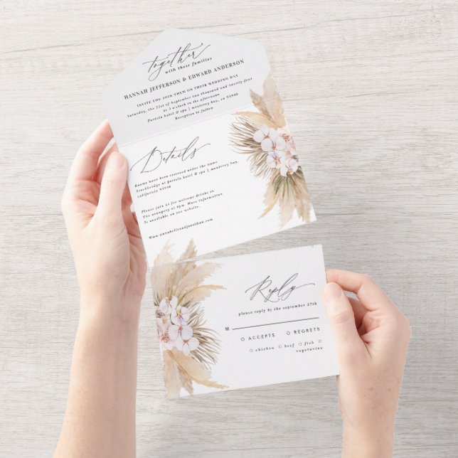Invitation Tout En Un Pampas bohème moderne mariage botanique (Déchirure)