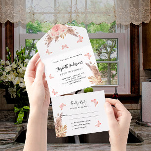 Invitation Tout En Un Pampas d'anniversaire Bouteilles de papillon rose 