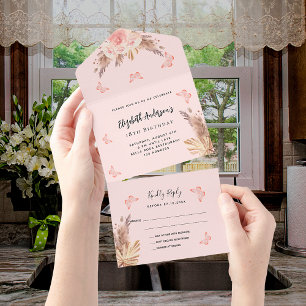 Invitation Tout En Un Pampas d'anniversaire papillons rose rousse florau