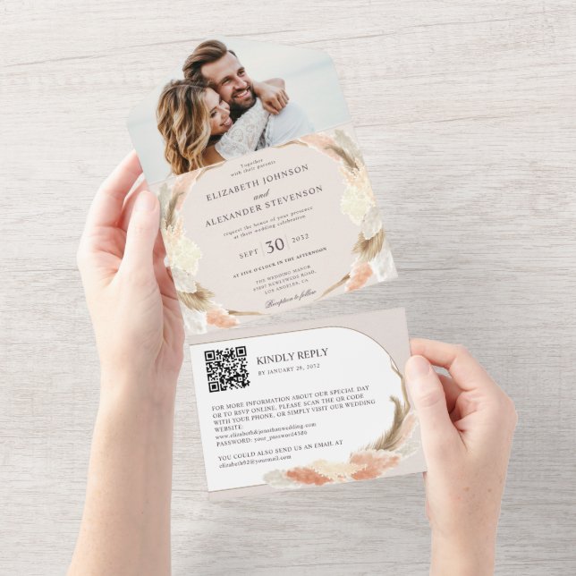 Invitation Tout En Un Pampas grass boho photo QR code mariage (Déchirure)