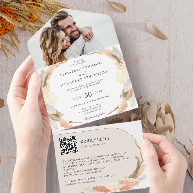 Invitation Tout En Un Pampas grass boho photo QR code mariage (Créateur téléchargé)