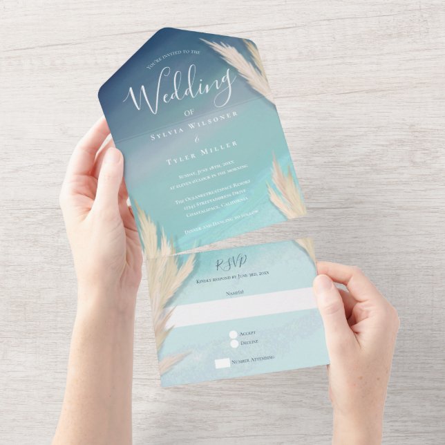 Invitation Tout En Un Pampas Grass Ocean Beach Wedding (Déchirure)
