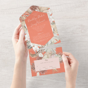 Invitation Tout En Un Pampas moderne Boho Coral Tropical Cream Mariage