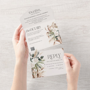 Invitation Tout En Un pampas rustique moderne eucalyptus mariage code QR