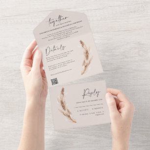 Invitation Tout En Un pampas rustique moderne eucalyptus mariage QR code