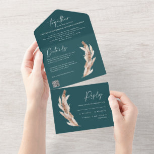 Invitation Tout En Un Pampas rustique turquoise moderne code QR mariage