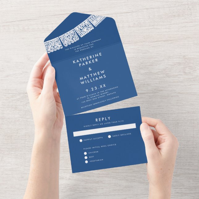 Invitation Tout En Un Papier Picado Mariage Bannière Bleu (Déchirure)