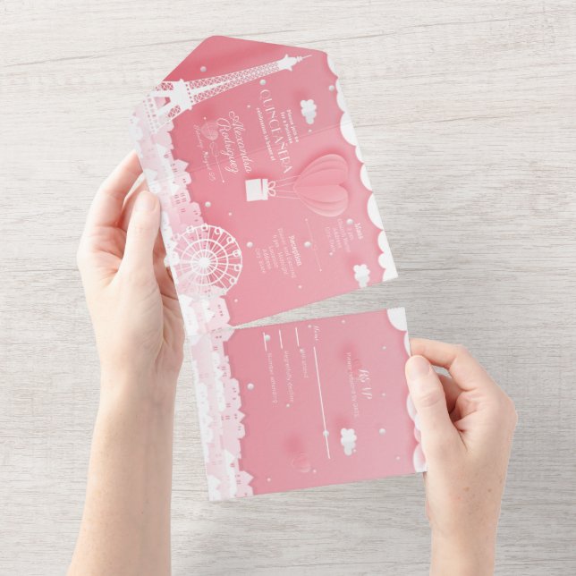 Invitation Tout En Un Papier rose Paris Quinceaña (Déchirure)
