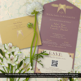 Invitation Tout En Un Papillon Art déco Monogramme Mariage or rose
