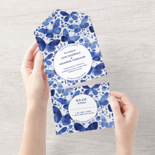 Invitation Tout En Un Papillon bleu blanc