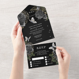 Invitation Tout En Un Papillon noir argent glam rose floral chic 