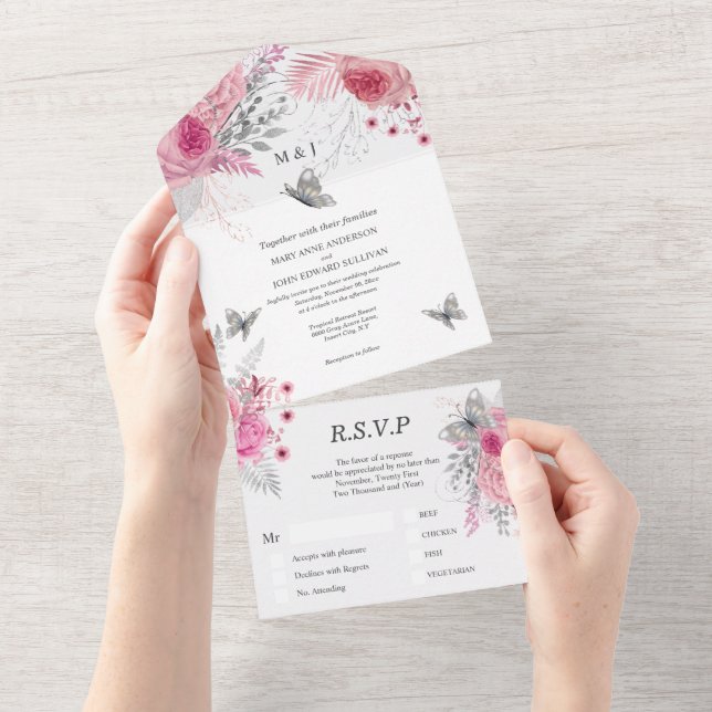 Invitation Tout En Un Papillon rose blanc argent rose glam luxe (Déchirure)