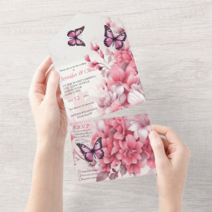 Invitation Tout En Un Papillons et Fleurs dans des tons roses variés