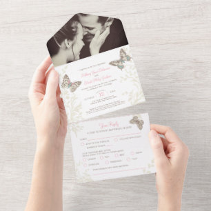 Invitation Tout En Un Papillons mariages brun rose repas photo RSVP