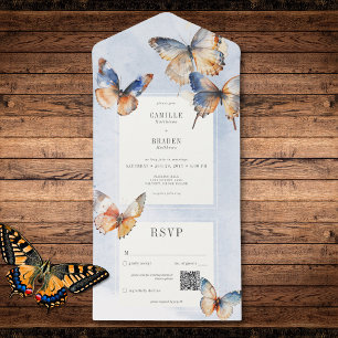 Invitation Tout En Un Papillons minimaux bleu et rouille QR Code