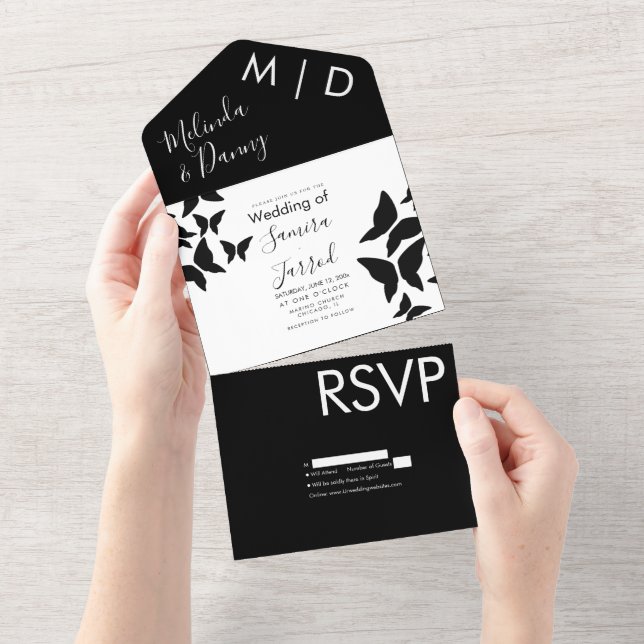 Invitation Tout En Un Papillons Noir Blanc Typographie  (Déchirure)