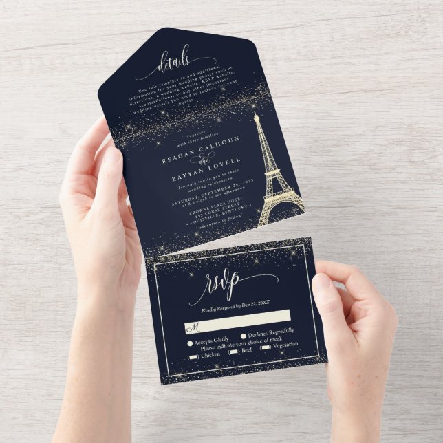 Invitation Tout En Un Paris Tour Eiffel Marine Mariage d'étincelle d'or  (Déchirure)