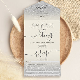 Invitation Tout En Un Parties scintillant argent ombre script ivoire mar
