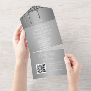 Invitation Tout En Un Parties scintillant argentée Gris Script RSVP QR C