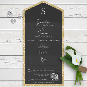 Invitation Tout En Un Parties scintillant d'or et verre noir Code QR mod