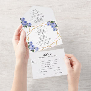 Invitation Tout En Un Parties scintillant d'or Geo Blue Floral Détails d