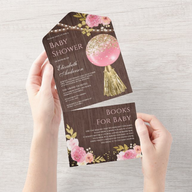 Invitation Tout En Un Parties scintillant d'or rose Balloon Baby shower  (Déchirure)