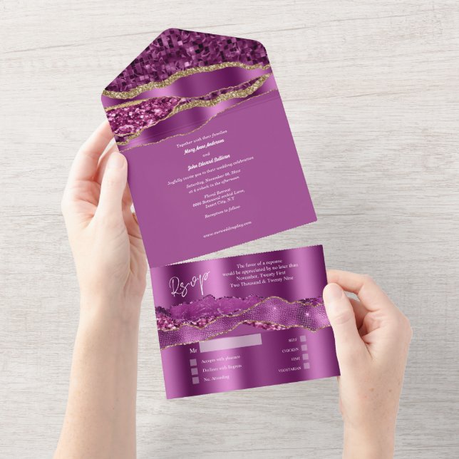 Invitation Tout En Un Parties scintillant dorée violet marbre élégant br (Déchirure)