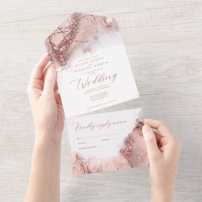 Invitation Tout En Un Parties scintillant en marbre Mariage Rose Gold ID (Déchirure)