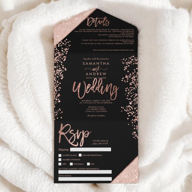 Invitation Tout En Un parties scintillant en or rose confetti chic maria (Rose gold glitter confetti chic black wedding all in one invitation)