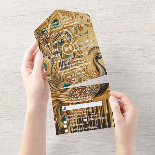 Invitation Tout En Un Parties scintillant Gold Driving Elegant Peacock (Déchirure)