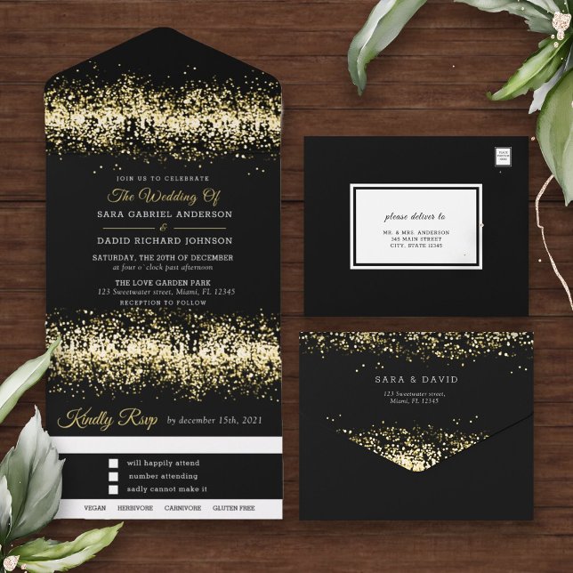 Invitation Tout En Un Parties scintillant noire moderne Mariage tout en  (Créateur téléchargé)