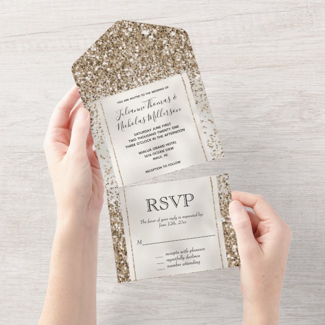 Invitation Tout En Un Parties scintillant Pearl White Luxe Gold (Déchirure)
