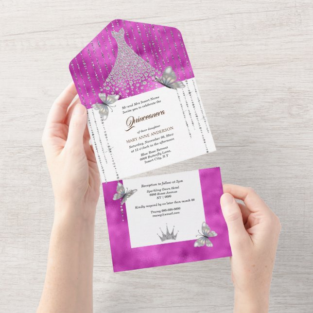 Invitation Tout En Un Parties scintillant rose argent paillettes robe br (Déchirure)