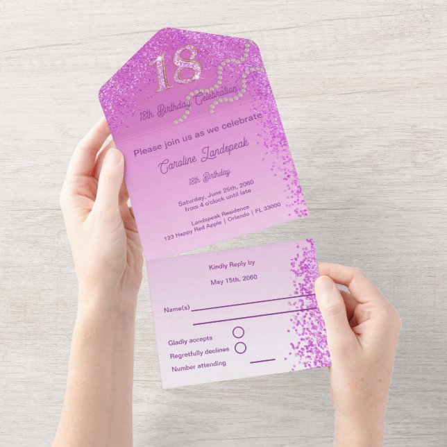 Invitation Tout En Un Parties scintillant rose élégant 18e anniversaire (Déchirure)