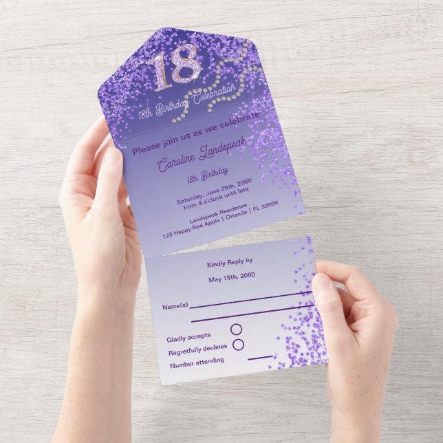 Invitation Tout En Un Parties scintillant violet élégant 18e anniversair (Déchirure)