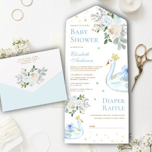 Invitation Tout En Un Pastel Blue Floral Swan Princesse Baby shower