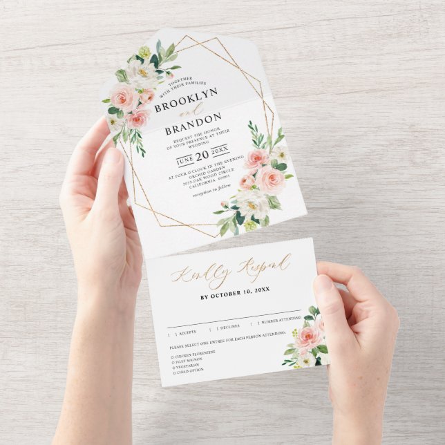 Invitation Tout En Un Pastel Blush Joli Mariage floral rose (Déchirure)