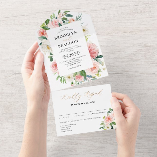 Invitation Tout En Un Pastel Blush Joli Mariage floral rose (Déchirure)