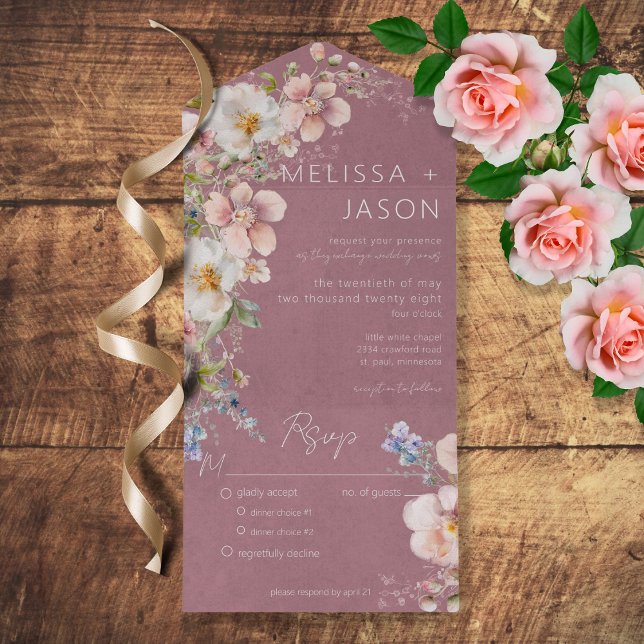 Invitation Tout En Un Pastel Floral Moderne Dusty Dîner Rose (Créateur téléchargé)