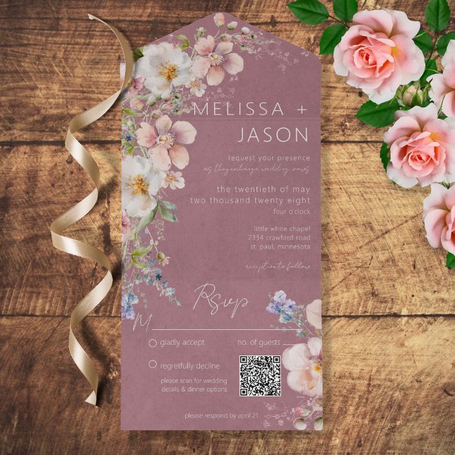 Invitation Tout En Un Pastel Floral moderne Dusty rose QR Code (Créateur téléchargé)