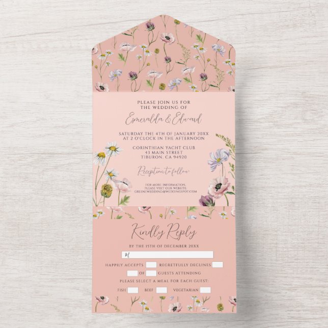 Invitation Tout En Un Pastel Pink Flower Boho Mariage botanique (À l'intérieur)