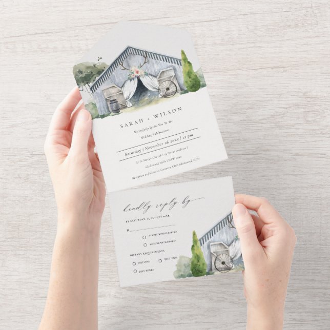 Invitation Tout En Un Pastel Rustic Dusky Barnyard Farm Mariage à thème (Déchirure)