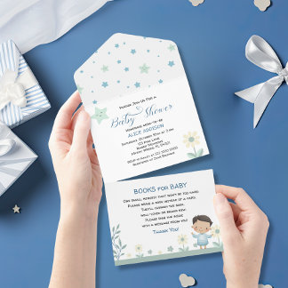 Invitation Tout En Un Pastel Sage Green mignonne garçon avec étoiles et