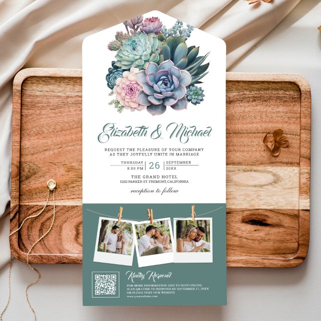 Invitation Tout En Un Pastel Succulent Ampersand QR Code Mariage (Créateur téléchargé)