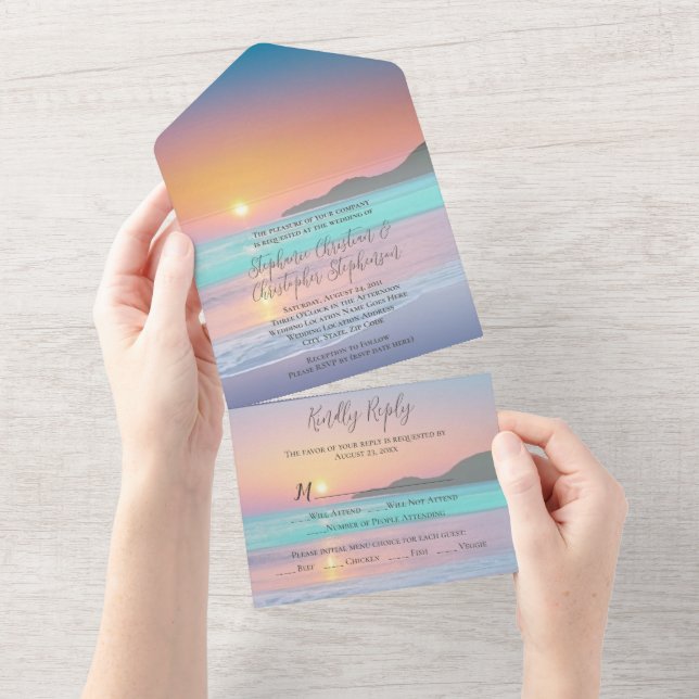 Invitation Tout En Un Pastel Sunset Destination Ocean Beach Mariage (Déchirure)