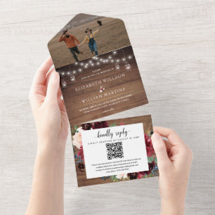Invitation Tout En Un Pays Bois rustique et Mariage Floral QR Code photo