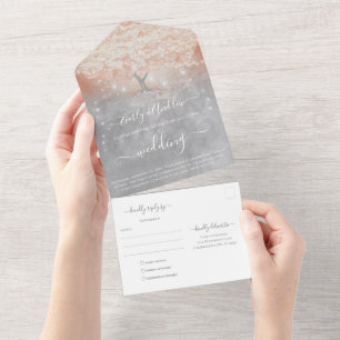 Invitation Tout En Un Peach Coral Apricot Pink Heart Leaf Tree Mariage