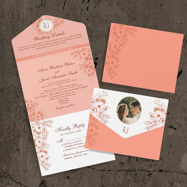 Invitation Tout En Un Peach Elegant Monogram Mariage (Créateur téléchargé)
