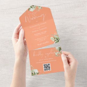 Invitation Tout En Un Peach Greenery Floral QR Code Monogramme Mariage