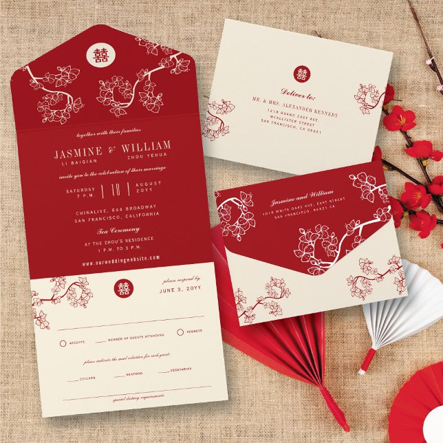 Invitation Tout En Un Peach/Plum rouge fleurs chinois double bonheur (Red/Cream Peach/Plum Blossoms Chinese Double Happiness All In One Invitation @ fatfatin_red_knot)
